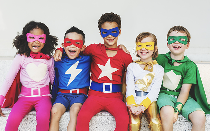 kids dressed up as super heroes