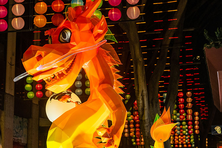 A large dragon lantern in Chinatown. It is lit up and illuminating the surrounding lanesways.