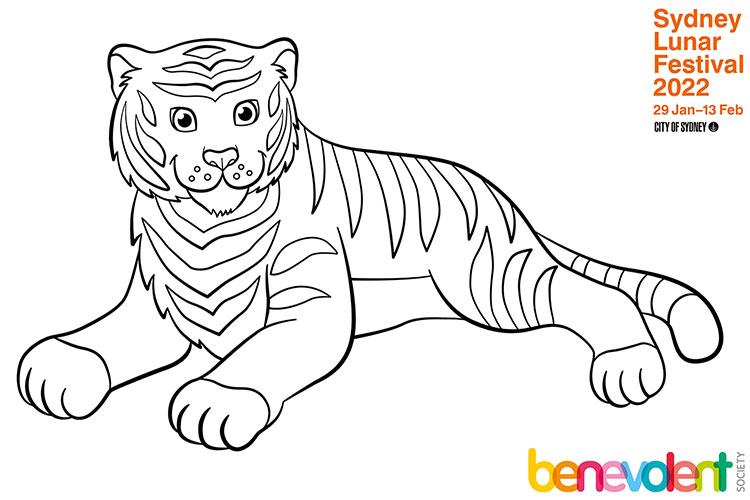 A colouring in stencil of a tiger lying down.