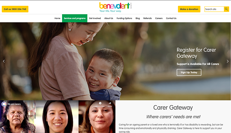 A screenshot of the Carer Gateway webpage with the carousel front and centre.