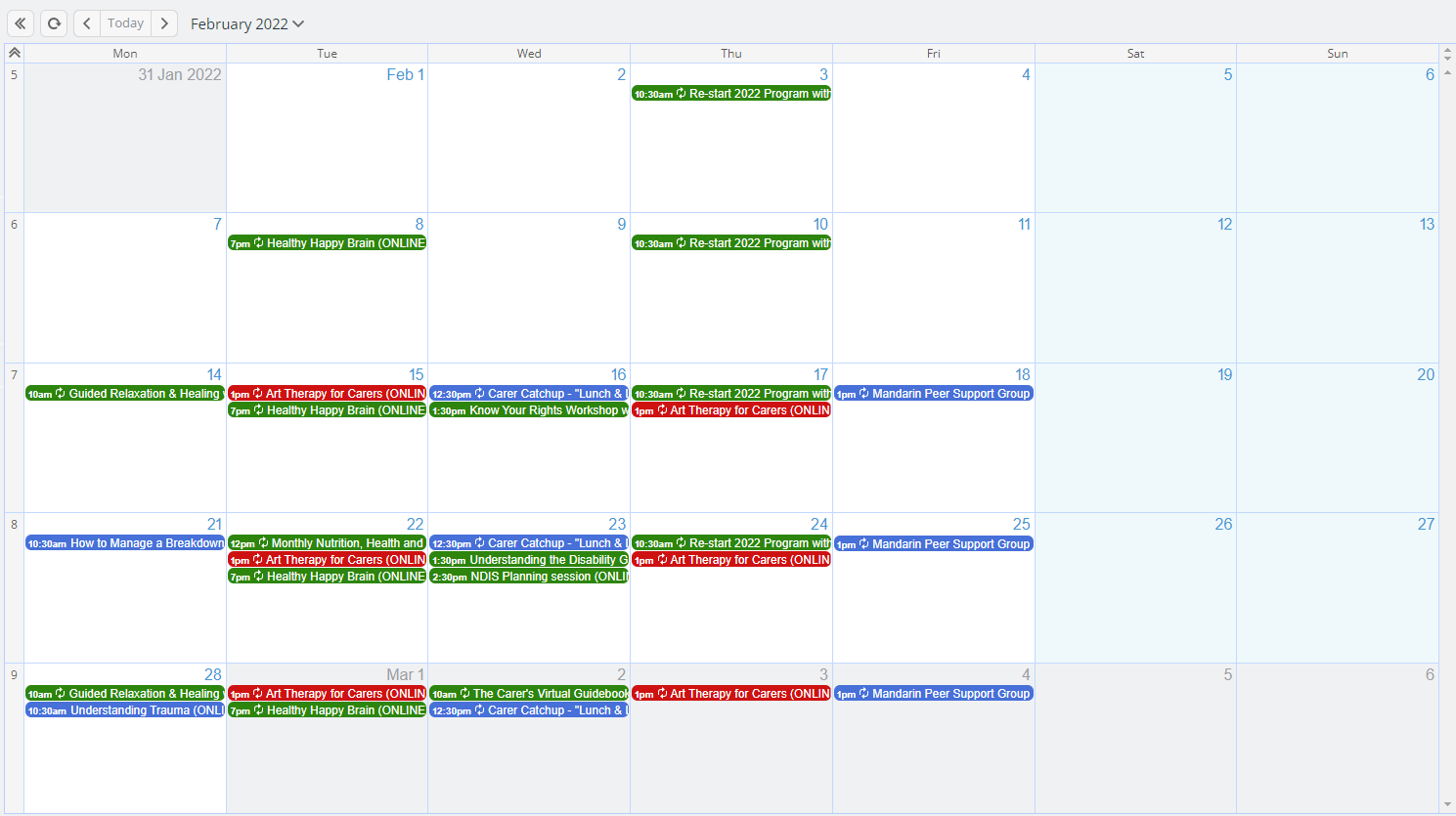 A screenshot of the calendar that is featured on the Carer Gateway website. There are already events within the calendar which are colour coded.