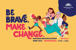 A cartoon of diverse people with the words Be Brave Make Change next to them