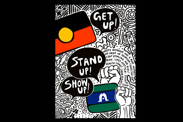 The NAIDOC Week poster for 2022. It is a black and white line illustration of various Indigenous Australian icons with raised fists with the coloured Aboriginal flag and Torres Strait Islander flag