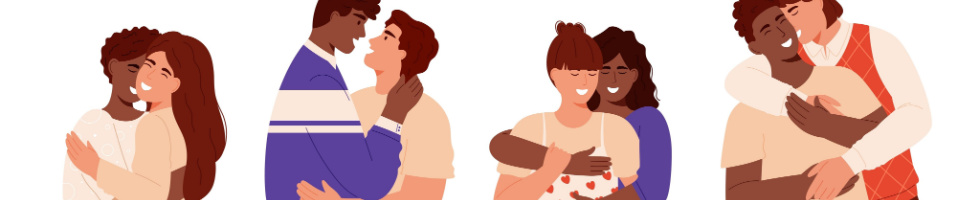 A digital image showing multiple depictions of same sex relationships and people of diverse skin colours embracing.